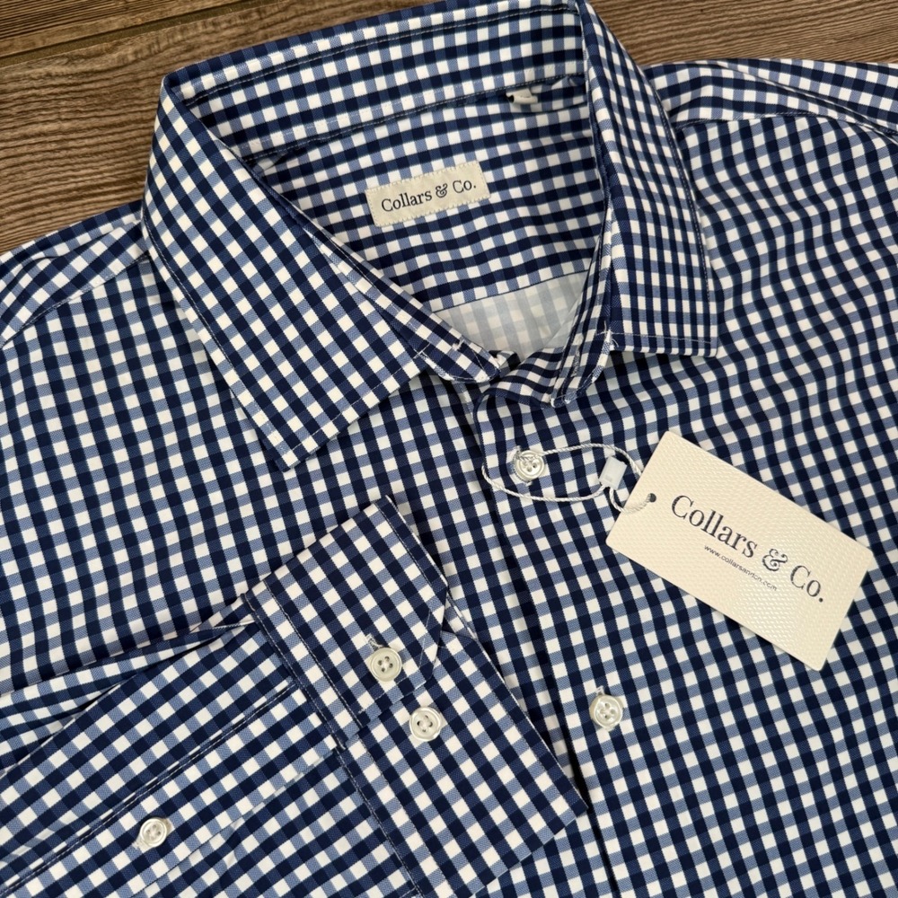 Collars & Co Mens Size XL Apex Performance Dress Shirt Navy Gingham Stretch NEW